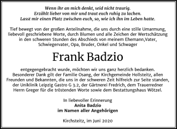 Traueranzeige von Frank Badzio von Mitteldeutsche Zeitung Zeitz