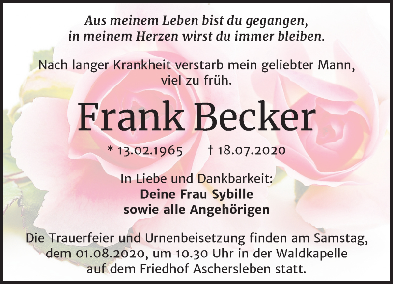  Traueranzeige für Frank Becker vom 25.07.2020 aus Mitteldeutsche Zeitung Aschersleben