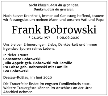 Traueranzeige von Frank Bobrowski von Mitteldeutsche Zeitung Dessau-Roßlau