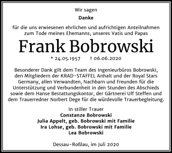 Traueranzeige von Frank Bobrowski von Wochenspiegel Dessau-Roßlau