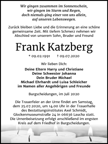 Traueranzeige von Frank Katzberg von Mitteldeutsche Zeitung Naumburg/Nebra