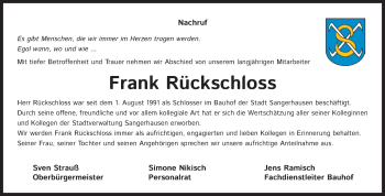 Traueranzeige von Frank Rückschloss von Mitteldeutsche Zeitung Sangerhausen