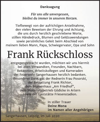 Traueranzeige von Frank Rückschloss von Super Sonntag Sangerhausen