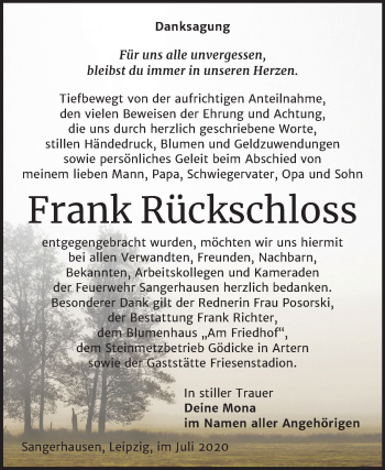 Traueranzeige von Frank Rückschloss von Mitteldeutsche Zeitung Sangerhausen