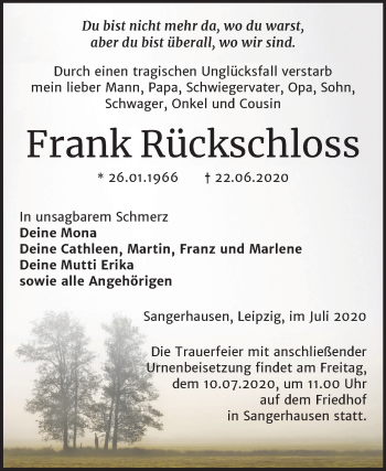 Traueranzeige von Frank Rückschloss von Super Sonntag Sangerhausen