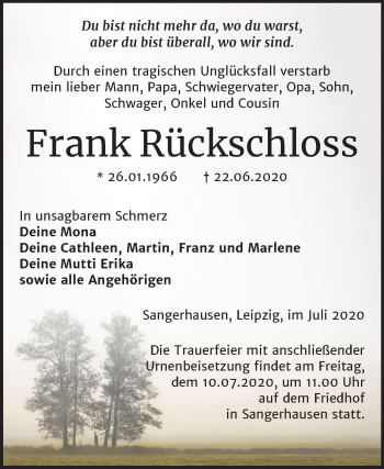 Traueranzeige von Frank Rückschloss von Mitteldeutsche Zeitung Sangerhausen