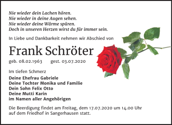 Traueranzeige von Frank Schröter von Super Sonntag Sangerhausen