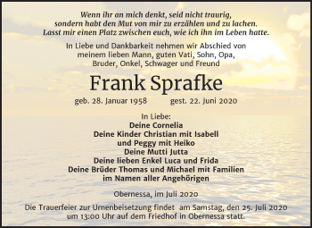 Traueranzeige von Frank Sprafke von Super Sonntag Weißenfels