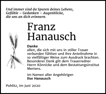 Traueranzeige von Franz Hanausch von Wochenspiegel Naumburg/Nebra