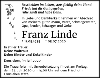 Traueranzeige von Franz Linde von Mitteldeutsche Zeitung Quedlinburg