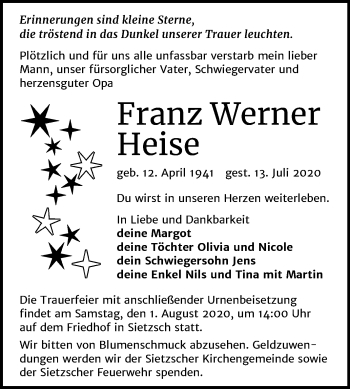 Traueranzeige von Franz Werner Heise von Mitteldeutsche Zeitung Halle/Saalkreis