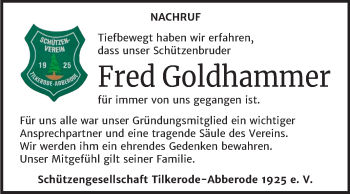 Traueranzeige von Fred Goldhammer von Super Sonntag Mansfelder Land