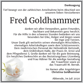 Traueranzeige von Fred Goldhammer von Mitteldeutsche Zeitung Mansfelder Land
