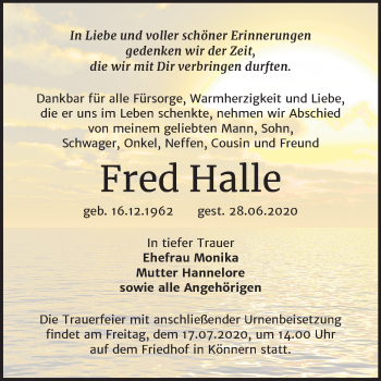 Traueranzeige von Fred Halle von Super Sonntag Bernburg