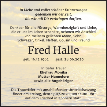 Traueranzeige von Fred Halle von Mitteldeutsche Zeitung Bernburg