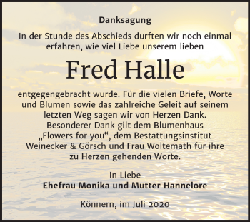 Traueranzeige von Fred Halle von Super Sonntag Bernburg