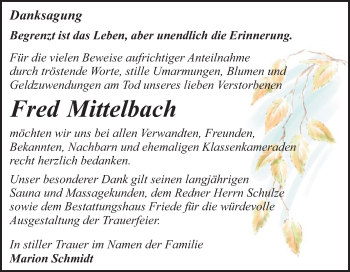 Traueranzeige von Fred Mittelbach von Mitteldeutsche Zeitung Dessau-Roßlau