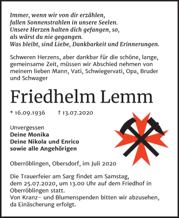 Traueranzeige von Friedhelm Lemm von Super Sonntag Sangerhausen