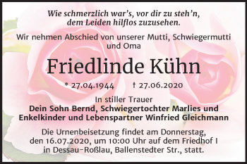 Traueranzeige von Friedlinde Kühn von Super Sonntag Dessau-Roßlau
