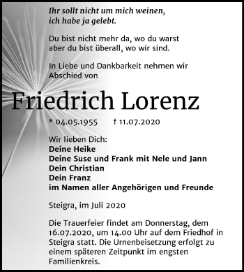 Traueranzeige von Friedrich Lorenz von Mitteldeutsche Zeitung Merseburg/Querfurt