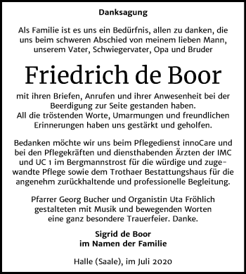 Traueranzeige von Friedrich de Boor von Mitteldeutsche Zeitung Halle/Saalkreis