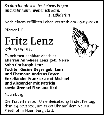 Traueranzeige von Fritz Lenz von Mitteldeutsche Zeitung Naumburg/Nebra