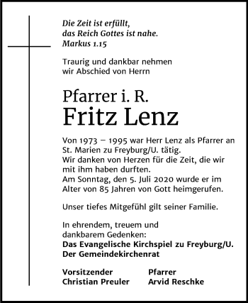 Traueranzeige von Fritz Lenz von Mitteldeutsche Zeitung Naumburg/Nebra