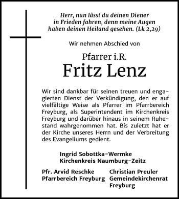 Traueranzeige von Fritz Lenz von Mitteldeutsche Zeitung Naumburg/Nebra
