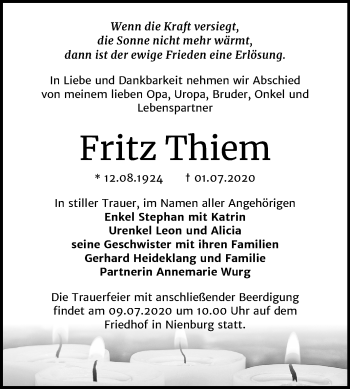 Traueranzeige von Fritz Thiem von Wochenspiegel Bernburg