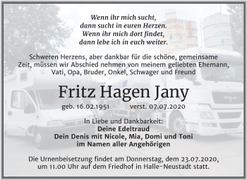 Traueranzeige von Fritz Hagen Jany von Mitteldeutsche Zeitung Halle/Saalkreis