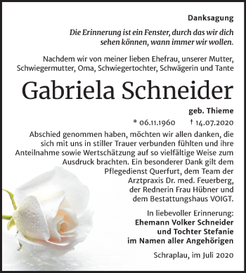 Traueranzeige von Gabriela Schneider von Mitteldeutsche Zeitung Merseburg/Querfurt