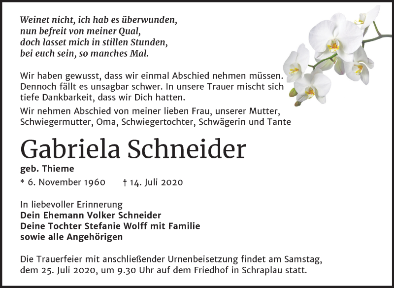  Traueranzeige für Gabriela Schneider vom 18.07.2020 aus Mitteldeutsche Zeitung Merseburg/Querfurt