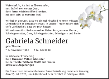 Traueranzeige von Gabriela Schneider von Wochenspiegel Merseburg/Querfurt