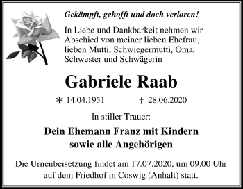 Traueranzeige von Gabriele Raab von Mitteldeutsche Zeitung Wittenberg