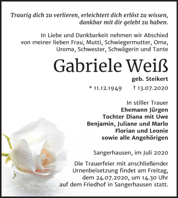 Traueranzeige von Gabriele Weiß von Mitteldeutsche Zeitung Sangerhausen