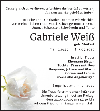 Traueranzeige von Gabriele Weiß von Super Sonntag Sangerhausen