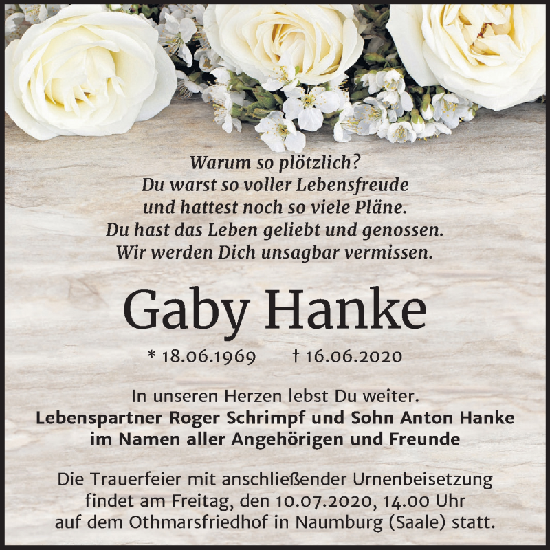  Traueranzeige für Gaby Hanke vom 01.07.2020 aus Wochenspiegel Naumburg/Nebra
