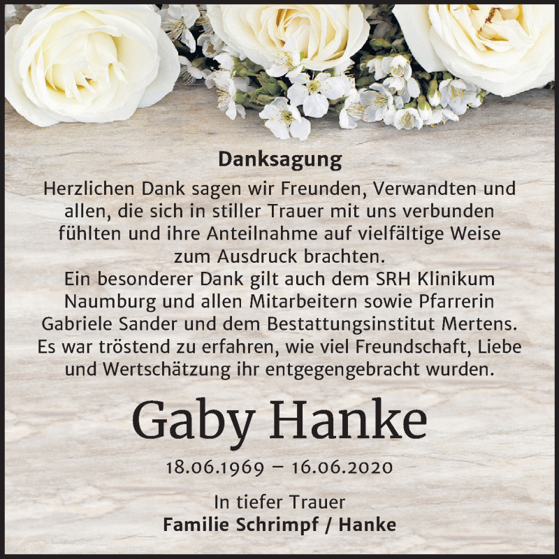  Traueranzeige für Gaby Hanke vom 29.07.2020 aus Wochenspiegel Naumburg/Nebra