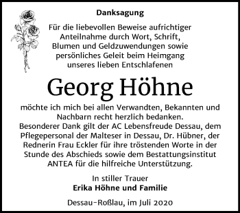 Traueranzeige von Georg Höhne von Super Sonntag Dessau-Roßlau