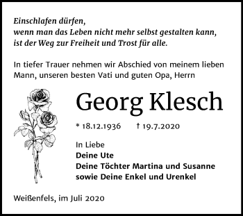 Traueranzeige von Georg Klesch von Mitteldeutsche Zeitung Weißenfels