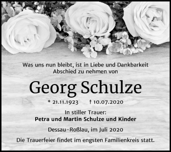 Traueranzeige von Georg Schulze von Super Sonntag Dessau-Roßlau