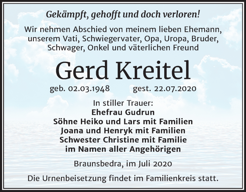  Traueranzeige für Gerd Kreitel vom 29.07.2020 aus Wochenspiegel Naumburg/Nebra