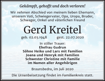 Traueranzeige von Gerd Kreitel von Wochenspiegel Naumburg/Nebra
