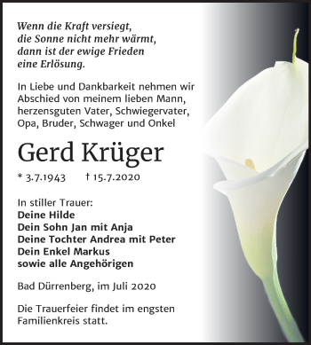 Traueranzeige von Gerd Krüger von Mitteldeutsche Zeitung Merseburg/Querfurt