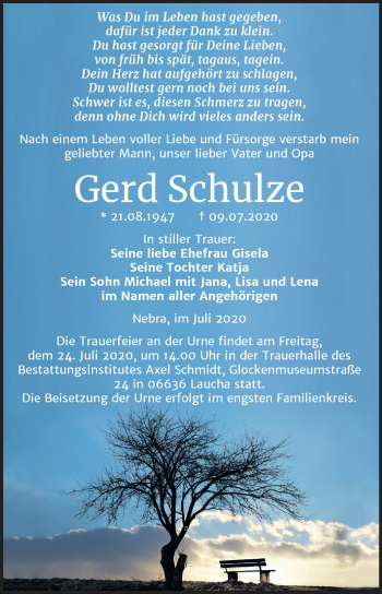 Traueranzeige von Gerd Schulze von Wochenspiegel Naumburg/Nebra