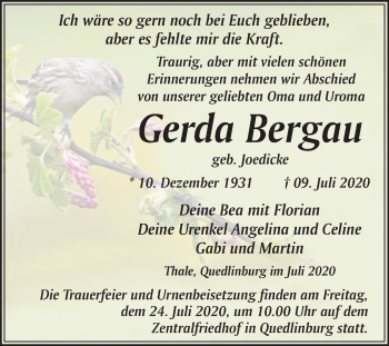Traueranzeige von Gerda Bergau von Super Sonntag Quedlinburg