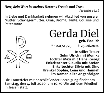 Traueranzeige von Gerda Diel von Mitteldeutsche Zeitung Wittenberg