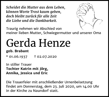 Traueranzeige von Gerda Henze von Super Sonntag Wittenberg
