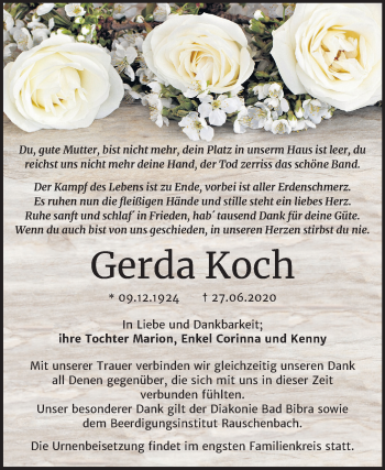 Traueranzeige von Gerda Koch von Mitteldeutsche Zeitung Naumburg/Nebra