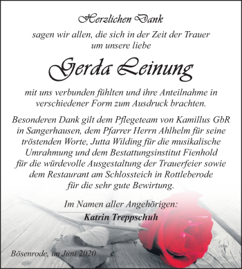 Traueranzeige von Gerda Leinung von Wochenspiegel Sangerhausen